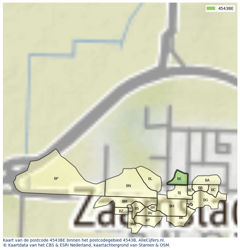 Afbeelding van het postcodegebied 4543 BE op de kaart.