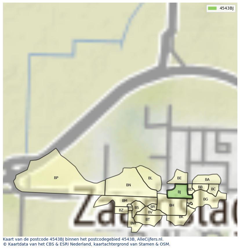 Afbeelding van het postcodegebied 4543 BJ op de kaart.