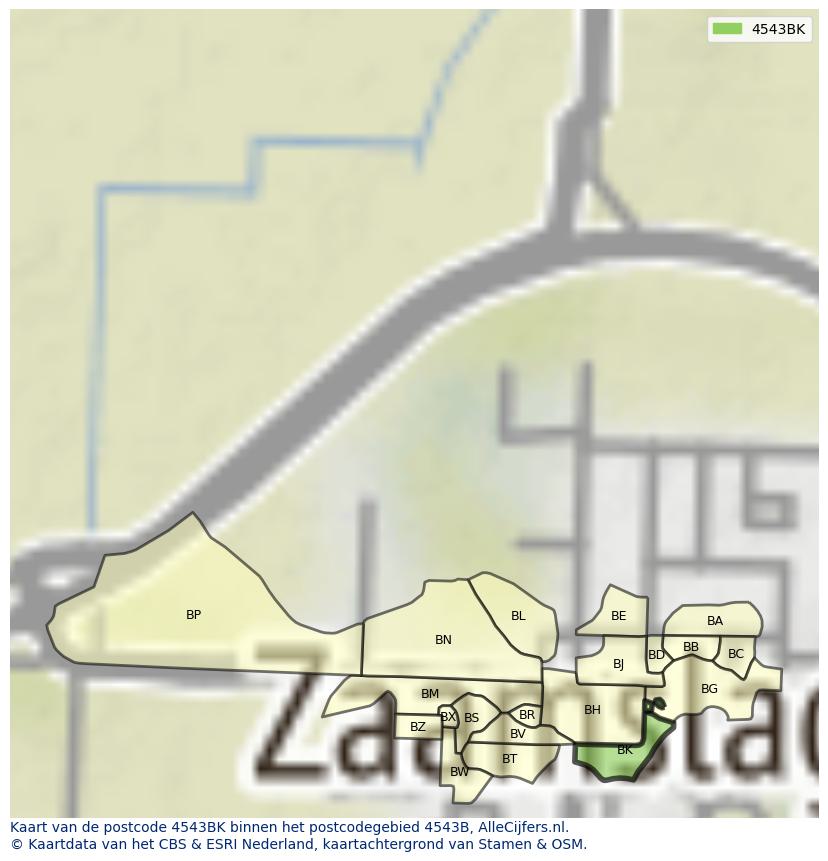 Afbeelding van het postcodegebied 4543 BK op de kaart.