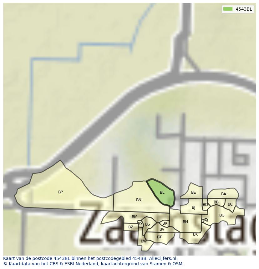 Afbeelding van het postcodegebied 4543 BL op de kaart.