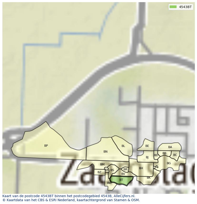 Afbeelding van het postcodegebied 4543 BT op de kaart.