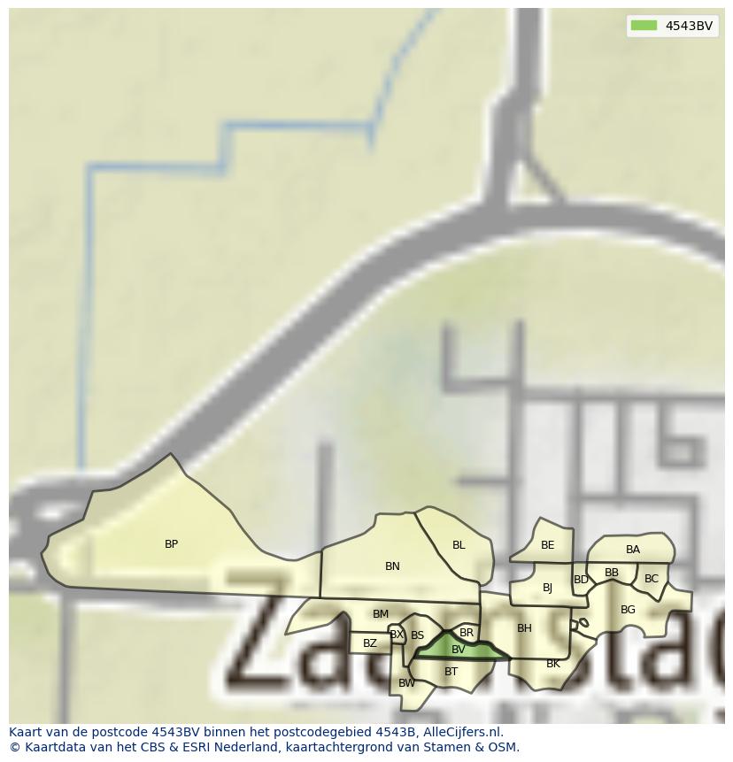 Afbeelding van het postcodegebied 4543 BV op de kaart.