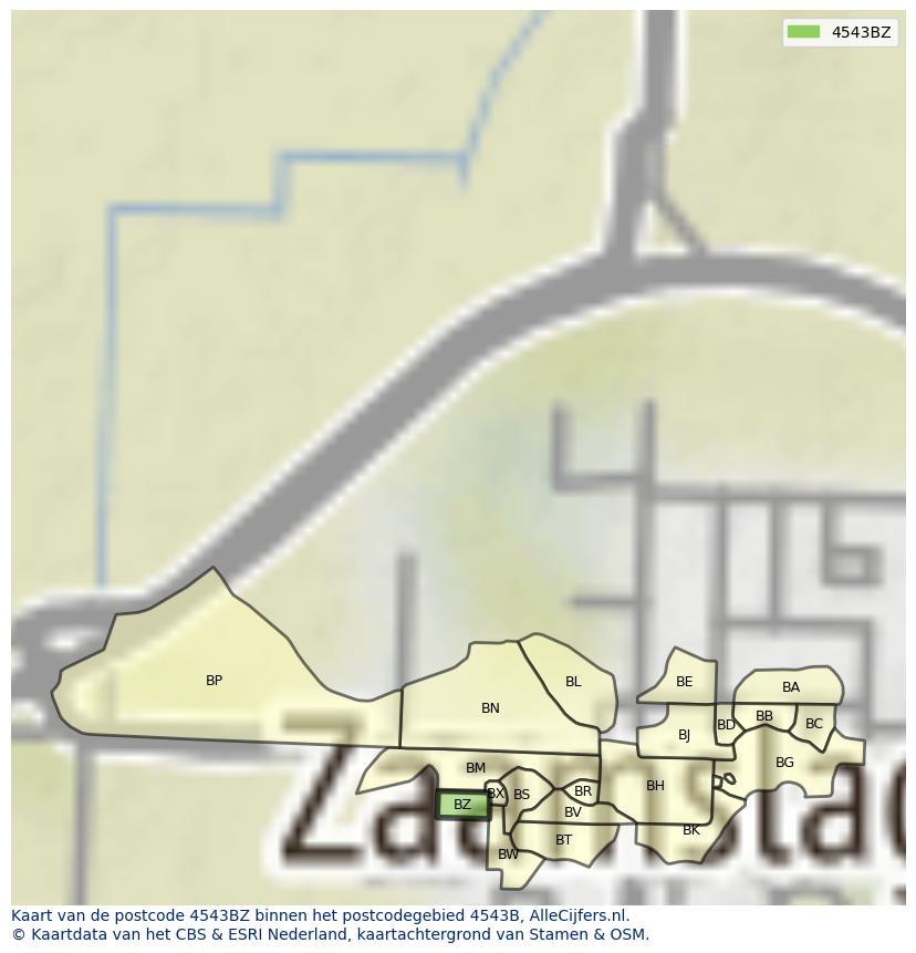 Afbeelding van het postcodegebied 4543 BZ op de kaart.
