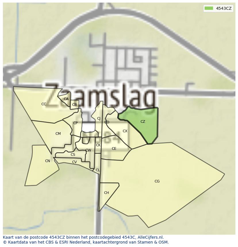 Afbeelding van het postcodegebied 4543 CZ op de kaart.