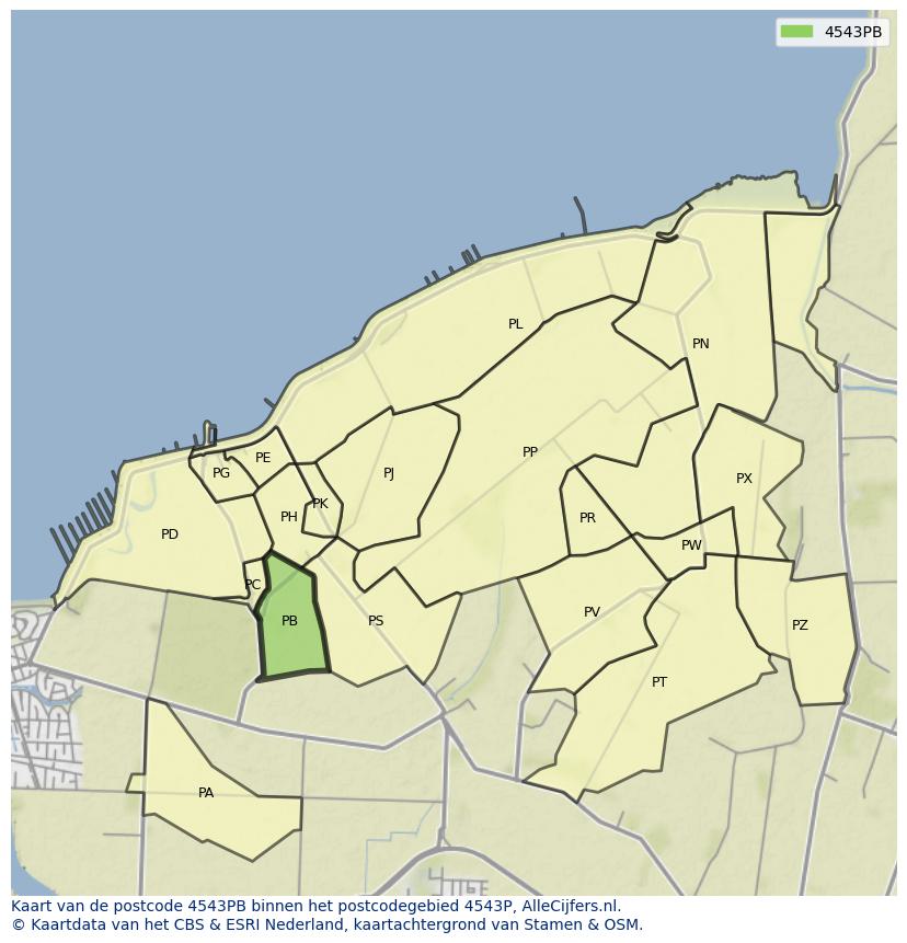 Afbeelding van het postcodegebied 4543 PB op de kaart.