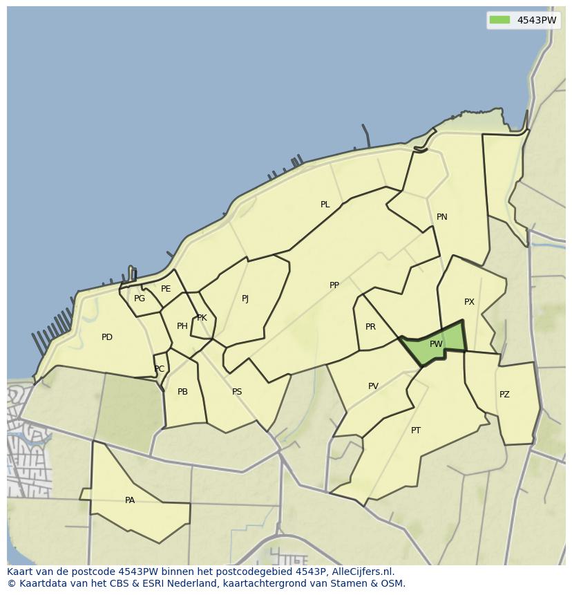 Afbeelding van het postcodegebied 4543 PW op de kaart.