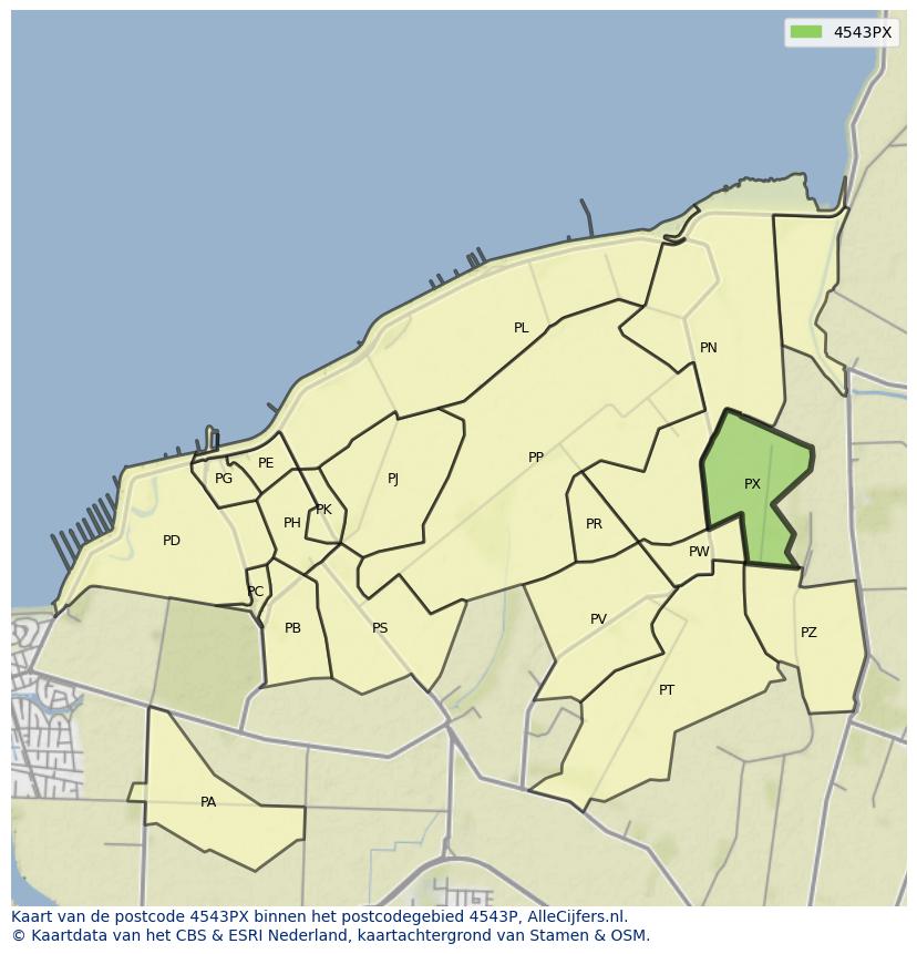Afbeelding van het postcodegebied 4543 PX op de kaart.