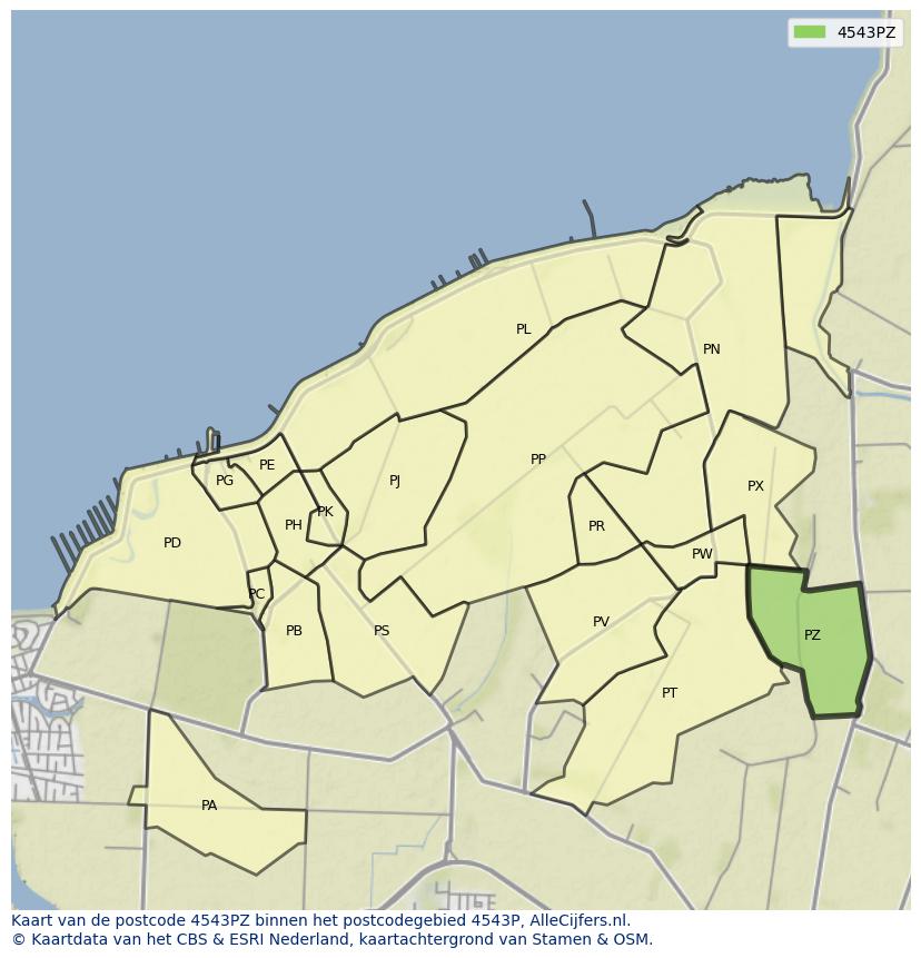 Afbeelding van het postcodegebied 4543 PZ op de kaart.