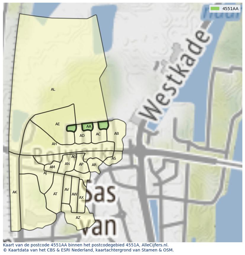 Afbeelding van het postcodegebied 4551 AA op de kaart.