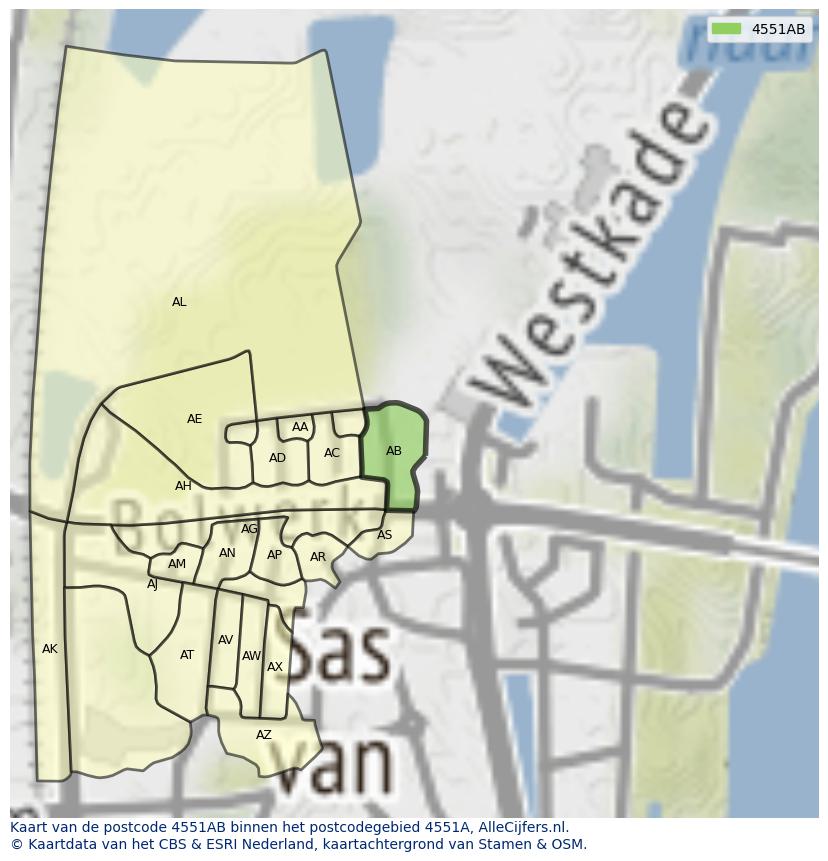 Afbeelding van het postcodegebied 4551 AB op de kaart.