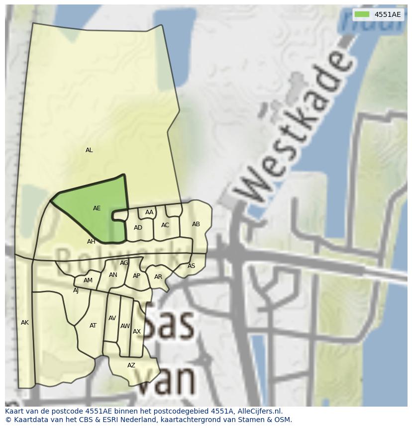 Afbeelding van het postcodegebied 4551 AE op de kaart.