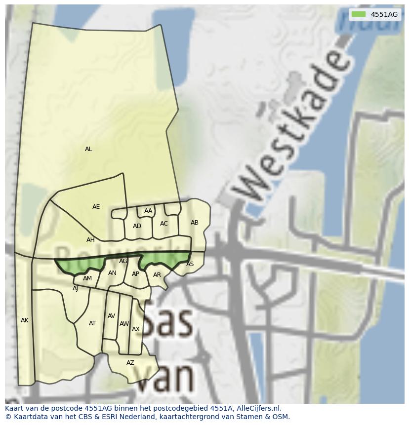 Afbeelding van het postcodegebied 4551 AG op de kaart.