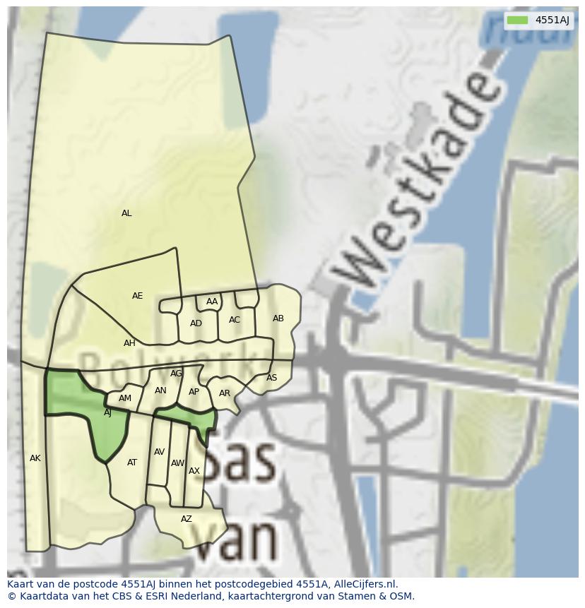 Afbeelding van het postcodegebied 4551 AJ op de kaart.