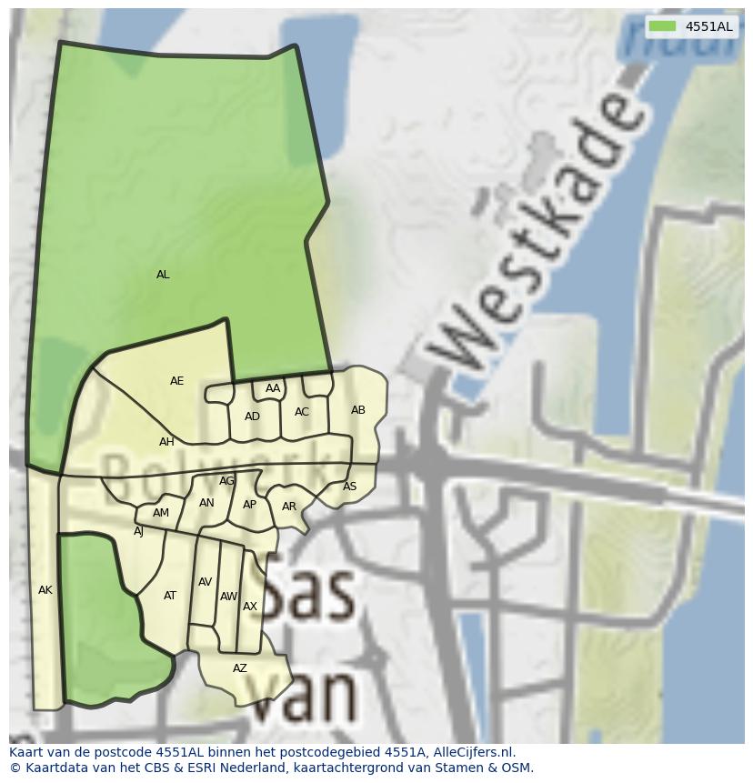 Afbeelding van het postcodegebied 4551 AL op de kaart.