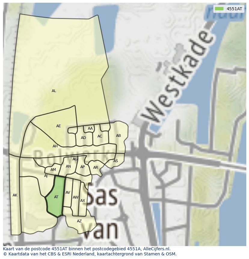 Afbeelding van het postcodegebied 4551 AT op de kaart.