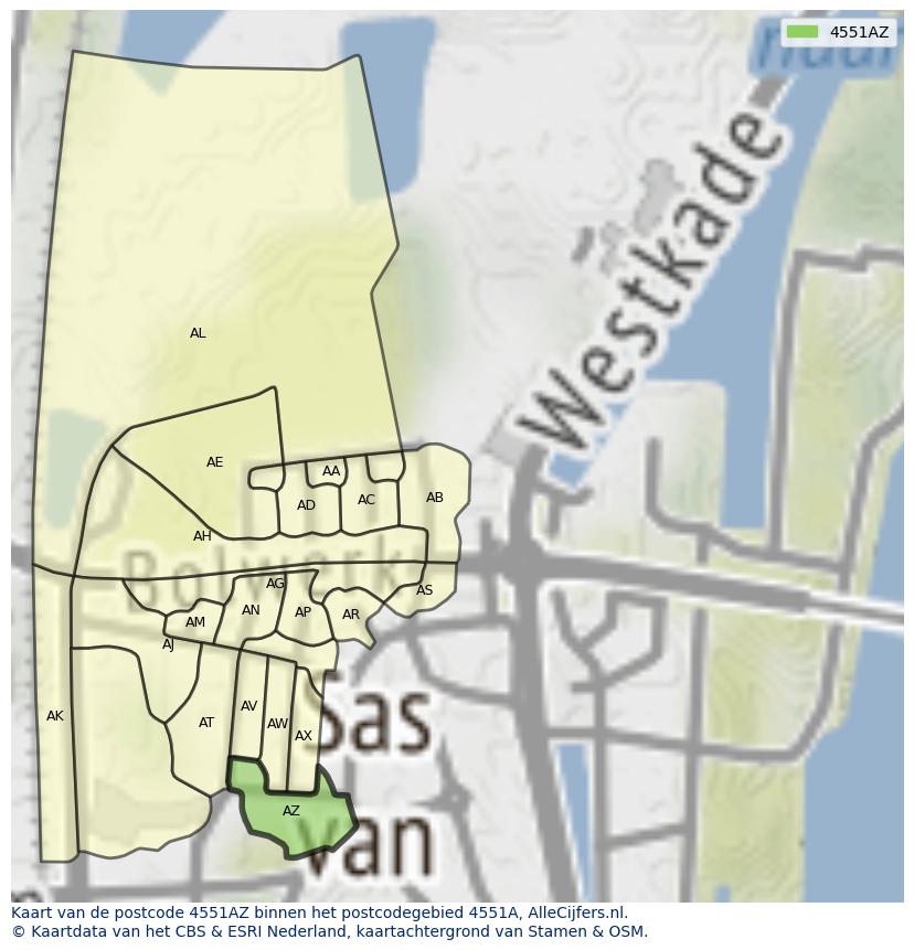 Afbeelding van het postcodegebied 4551 AZ op de kaart.