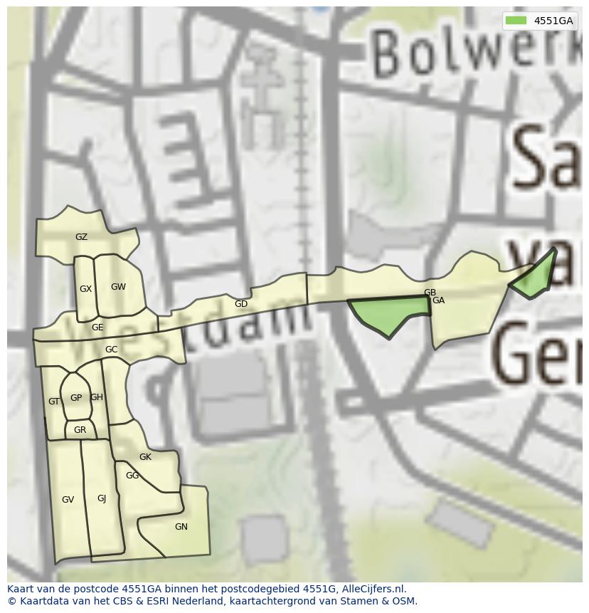 Afbeelding van het postcodegebied 4551 GA op de kaart.
