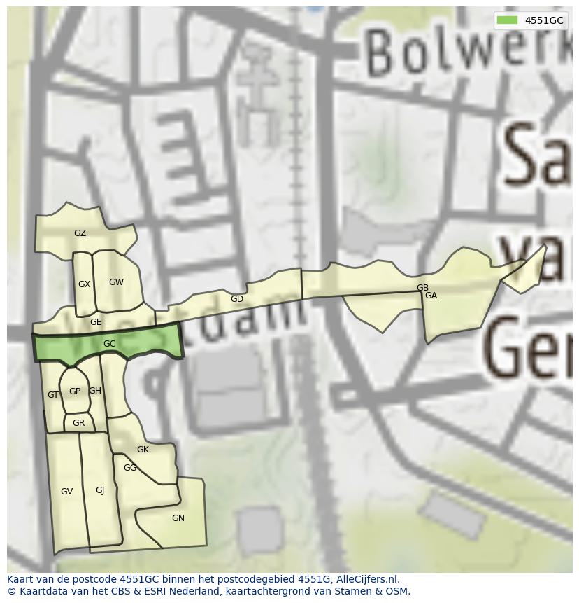Afbeelding van het postcodegebied 4551 GC op de kaart.