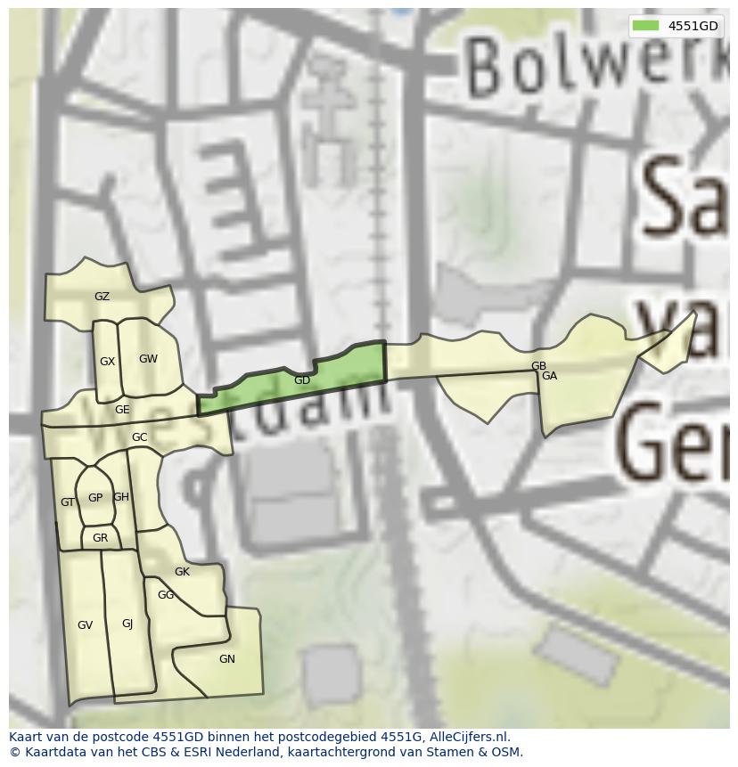 Afbeelding van het postcodegebied 4551 GD op de kaart.