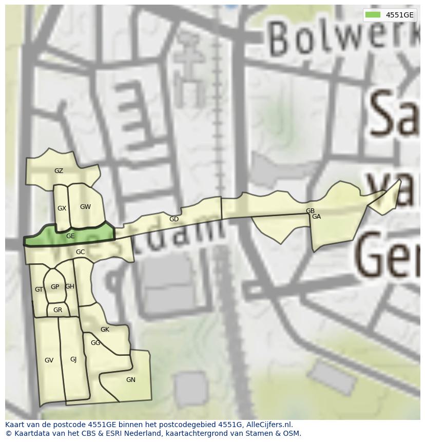 Afbeelding van het postcodegebied 4551 GE op de kaart.