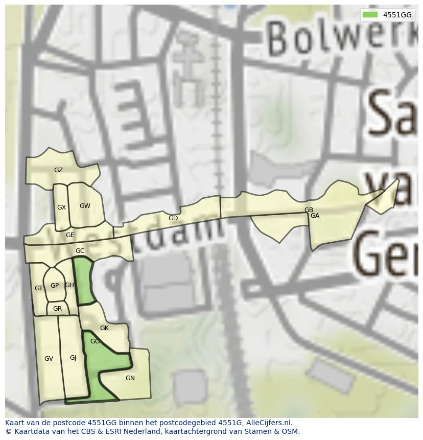 Afbeelding van het postcodegebied 4551 GG op de kaart.