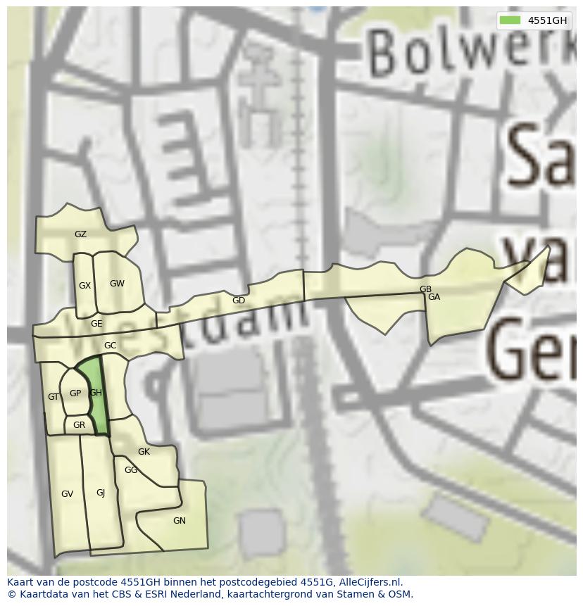 Afbeelding van het postcodegebied 4551 GH op de kaart.