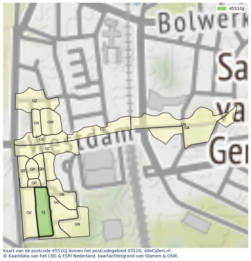 Afbeelding van het postcodegebied 4551 GJ op de kaart.