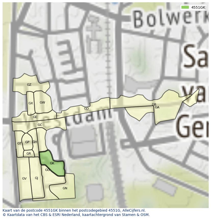 Afbeelding van het postcodegebied 4551 GK op de kaart.