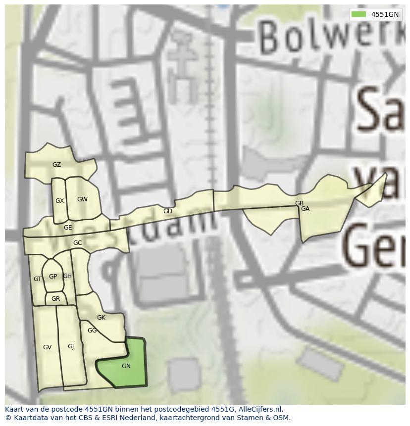Afbeelding van het postcodegebied 4551 GN op de kaart.