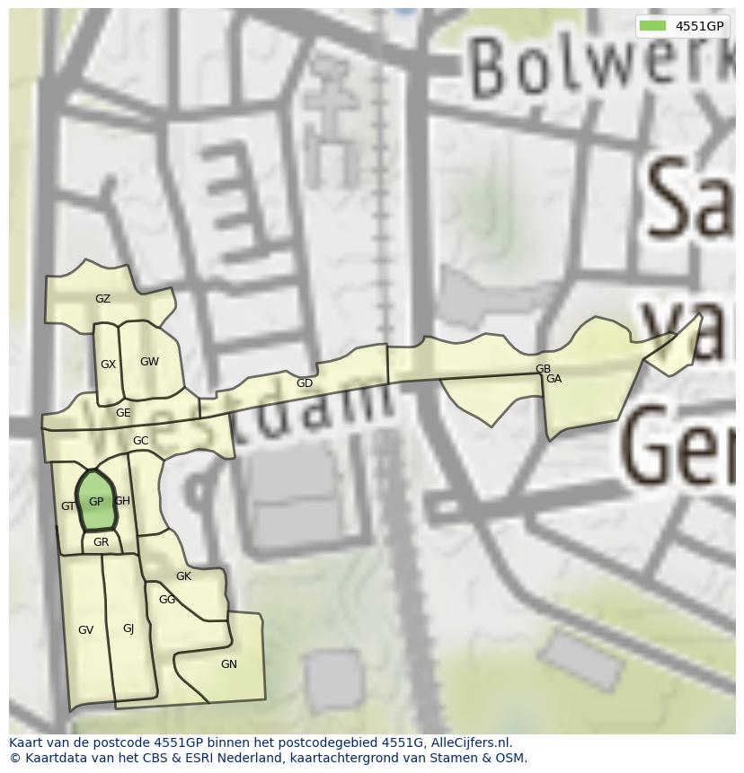 Afbeelding van het postcodegebied 4551 GP op de kaart.