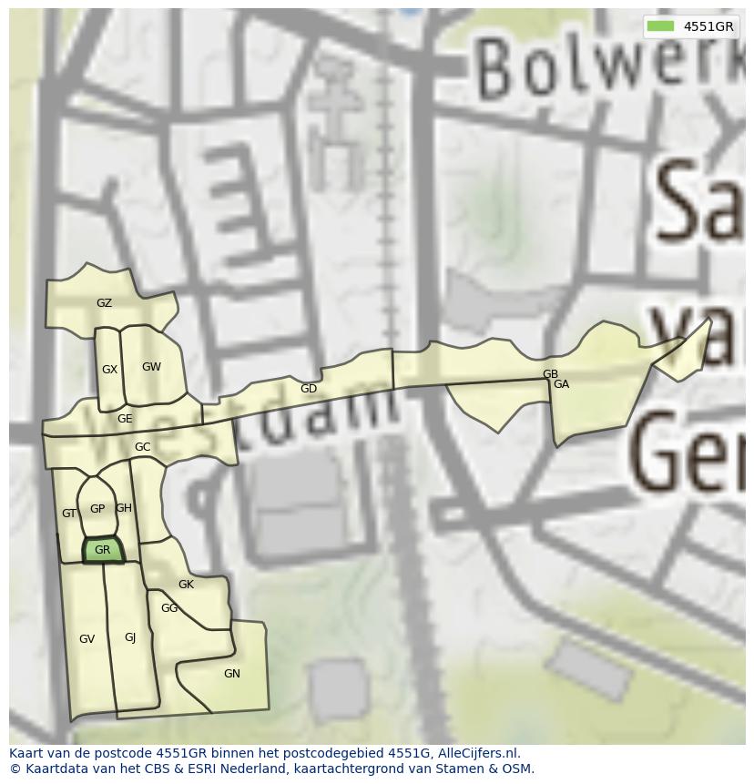 Afbeelding van het postcodegebied 4551 GR op de kaart.