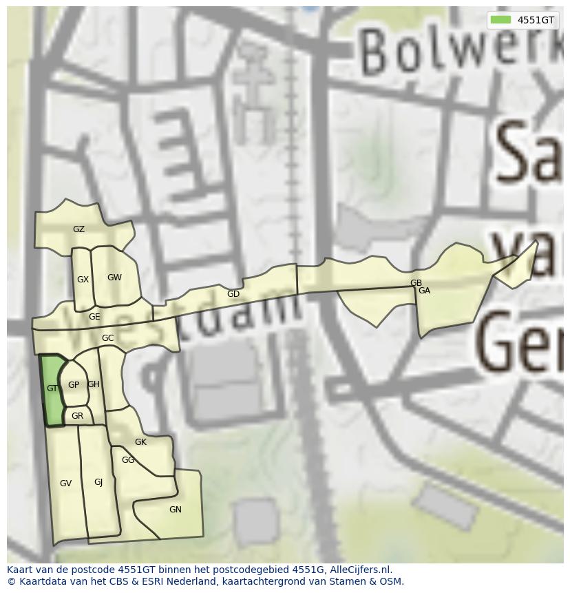 Afbeelding van het postcodegebied 4551 GT op de kaart.