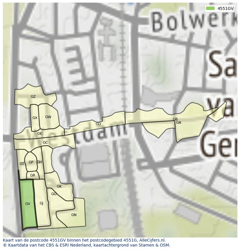 Afbeelding van het postcodegebied 4551 GV op de kaart.