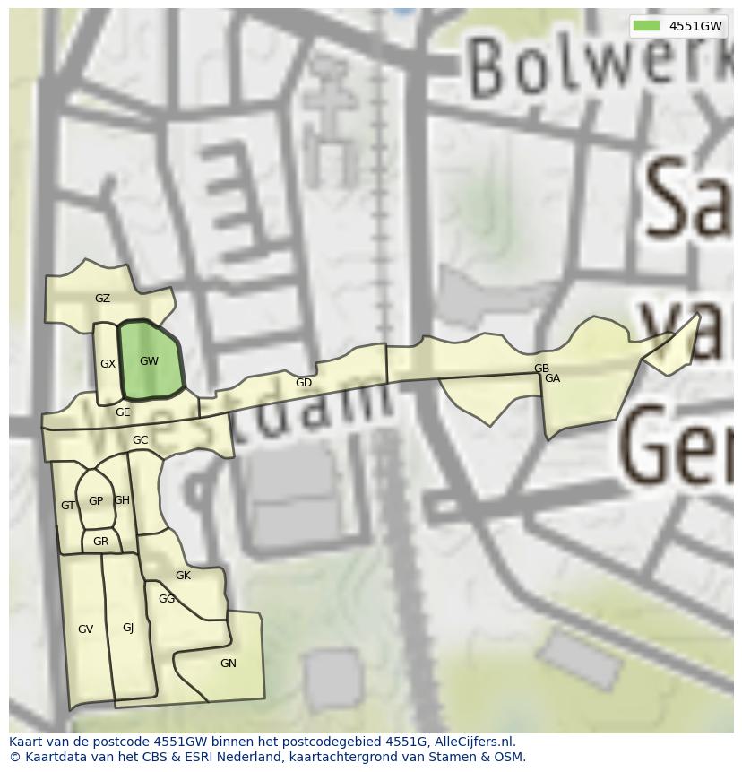 Afbeelding van het postcodegebied 4551 GW op de kaart.