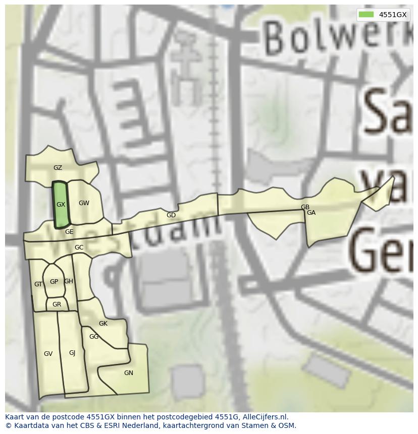 Afbeelding van het postcodegebied 4551 GX op de kaart.