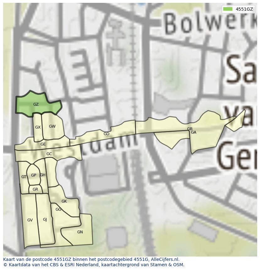Afbeelding van het postcodegebied 4551 GZ op de kaart.