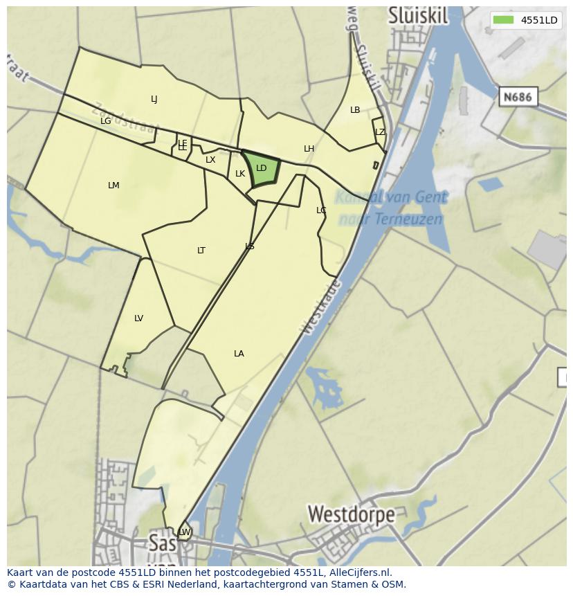 Afbeelding van het postcodegebied 4551 LD op de kaart.