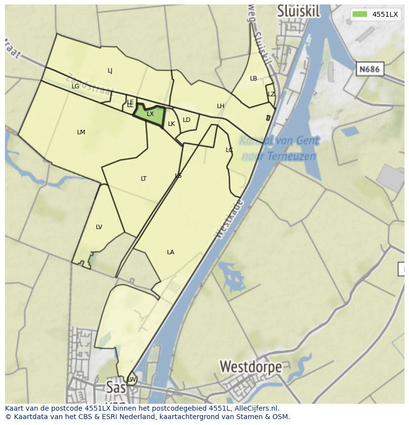 Afbeelding van het postcodegebied 4551 LX op de kaart.