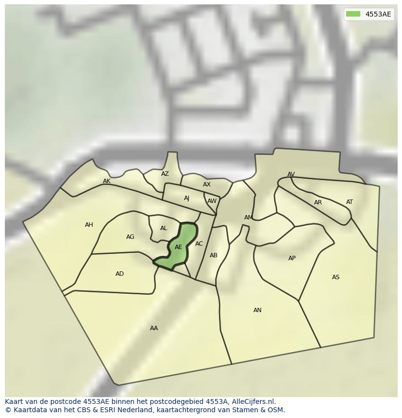 Afbeelding van het postcodegebied 4553 AE op de kaart.