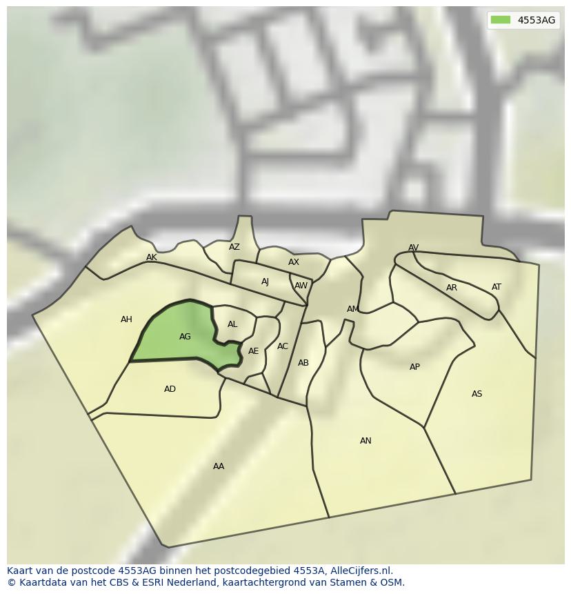 Afbeelding van het postcodegebied 4553 AG op de kaart.