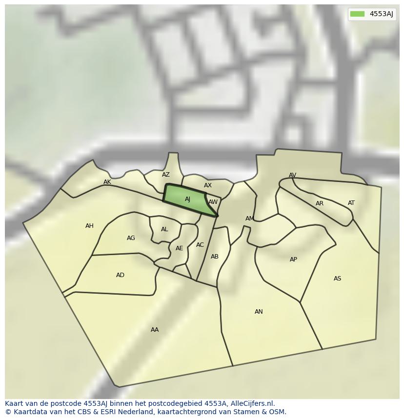 Afbeelding van het postcodegebied 4553 AJ op de kaart.