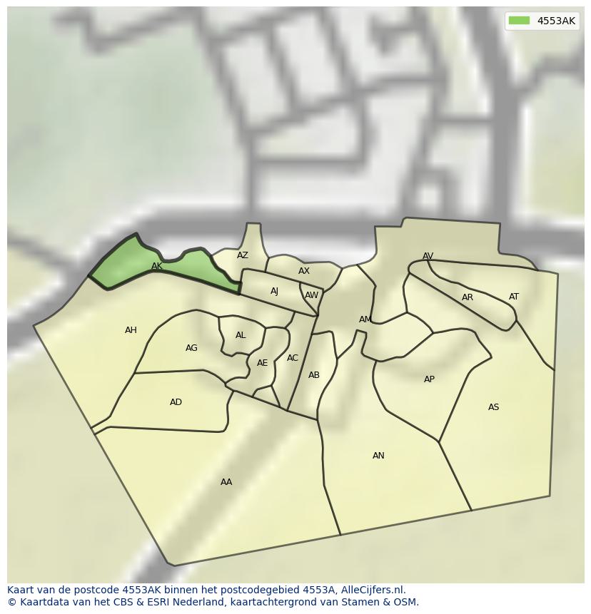 Afbeelding van het postcodegebied 4553 AK op de kaart.