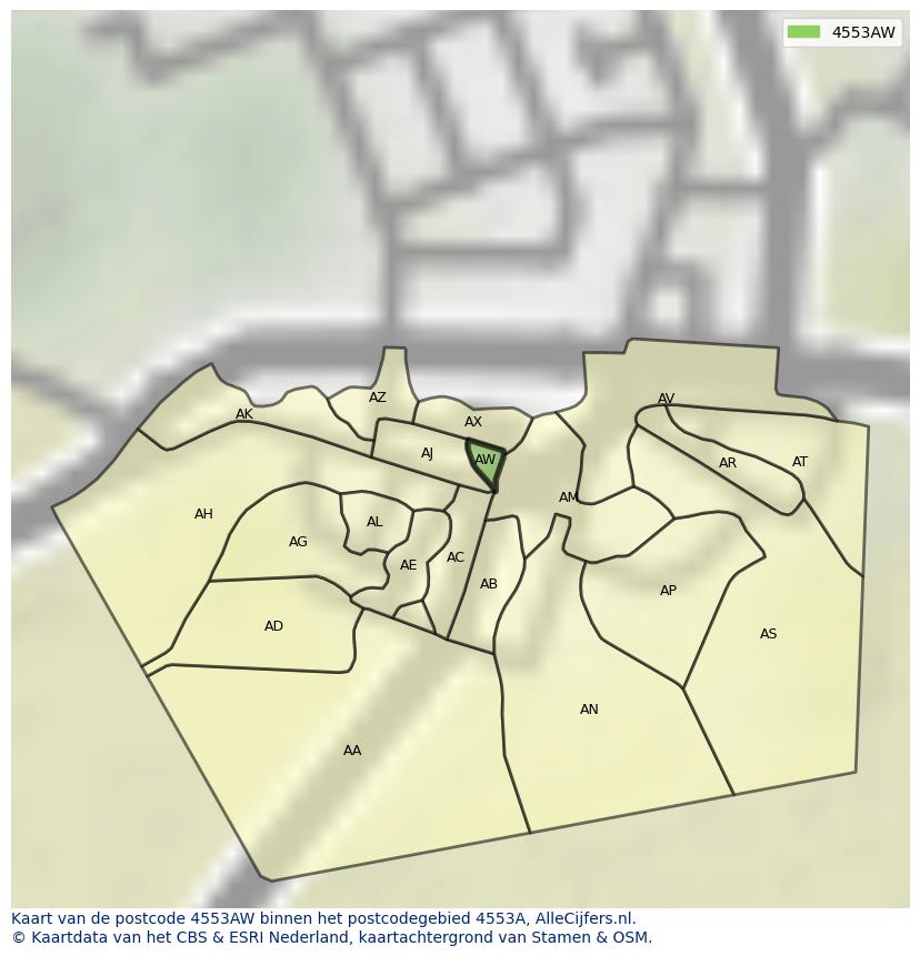 Afbeelding van het postcodegebied 4553 AW op de kaart.