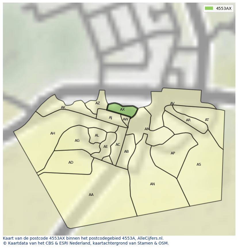 Afbeelding van het postcodegebied 4553 AX op de kaart.