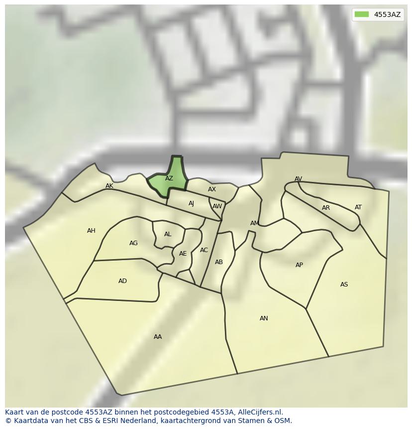 Afbeelding van het postcodegebied 4553 AZ op de kaart.