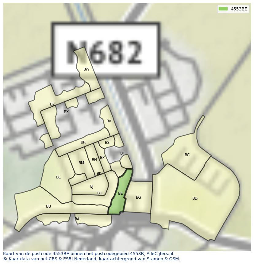 Afbeelding van het postcodegebied 4553 BE op de kaart.