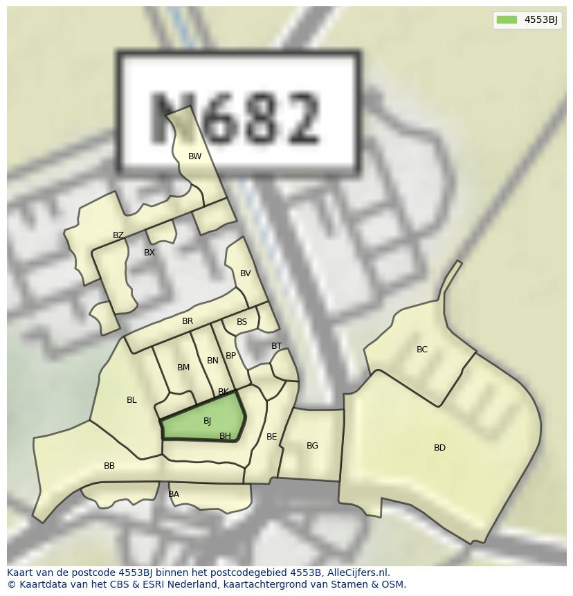 Afbeelding van het postcodegebied 4553 BJ op de kaart.