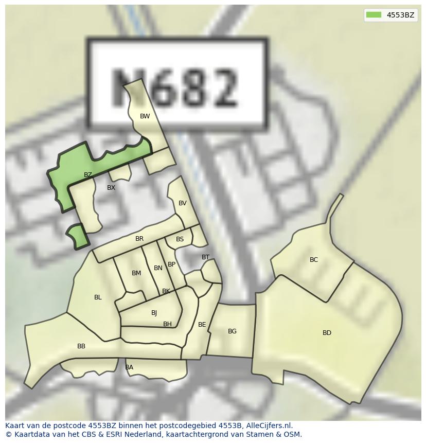 Afbeelding van het postcodegebied 4553 BZ op de kaart.