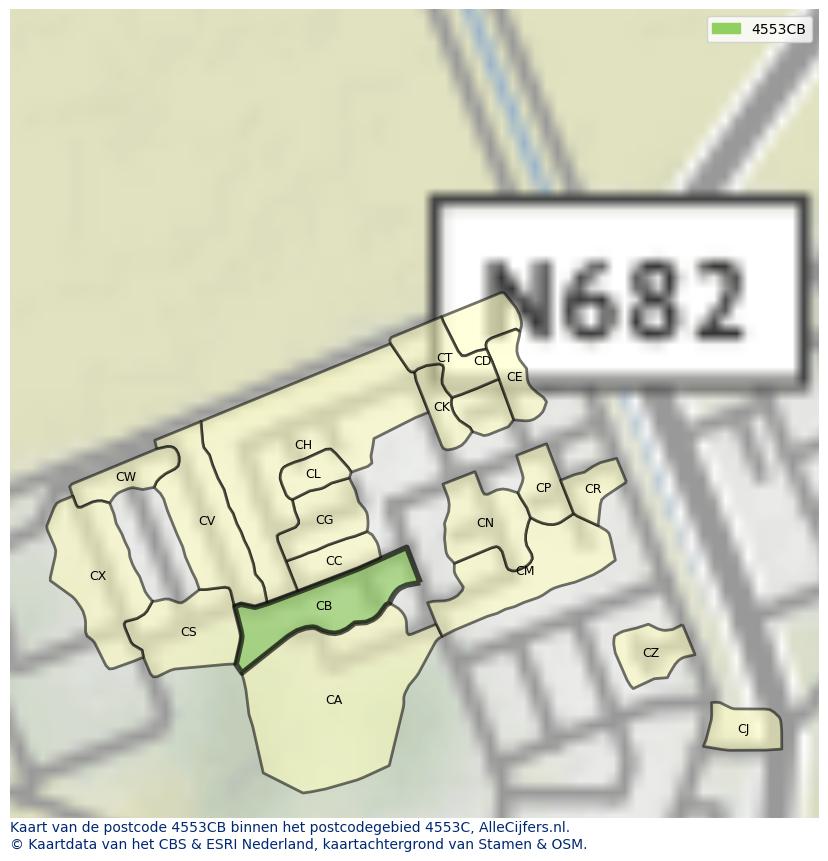 Afbeelding van het postcodegebied 4553 CB op de kaart.