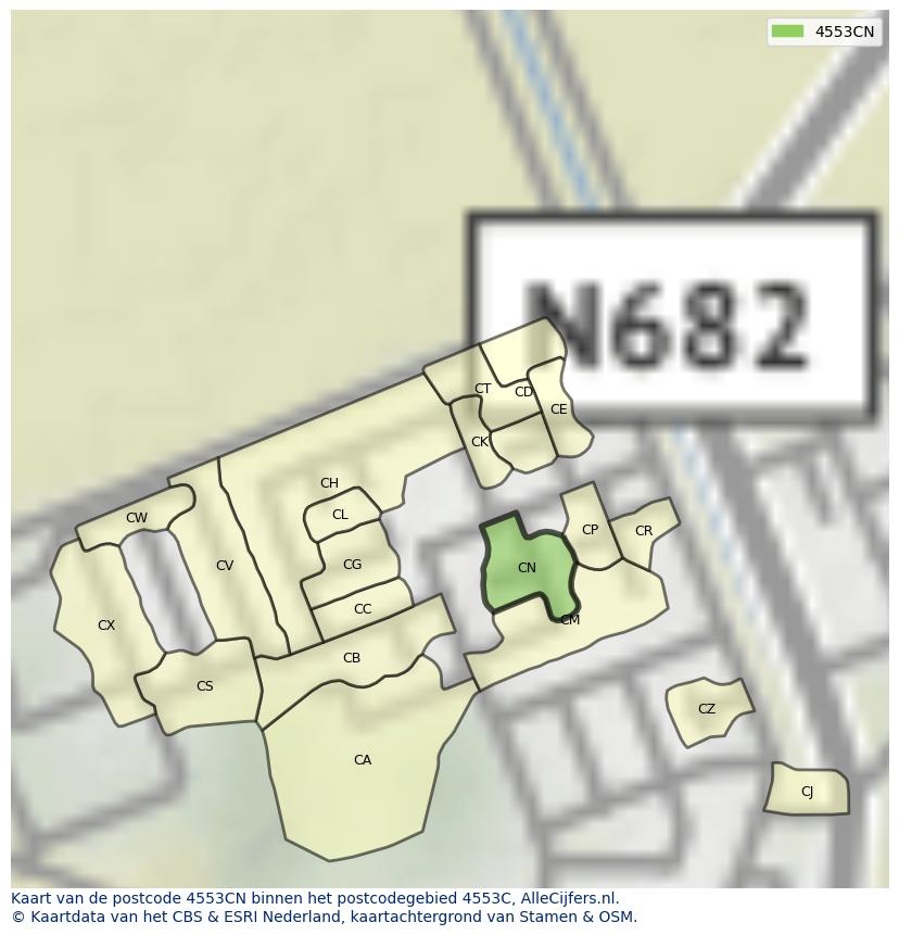 Afbeelding van het postcodegebied 4553 CN op de kaart.